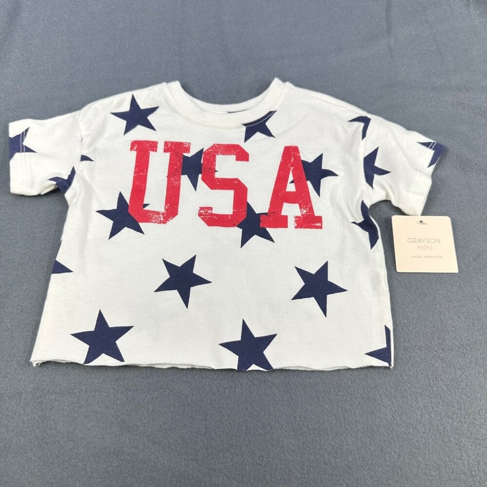 Grayson Mini Baby Sixe 18M Tee USA Stars Print White Blue Stars Red USA New